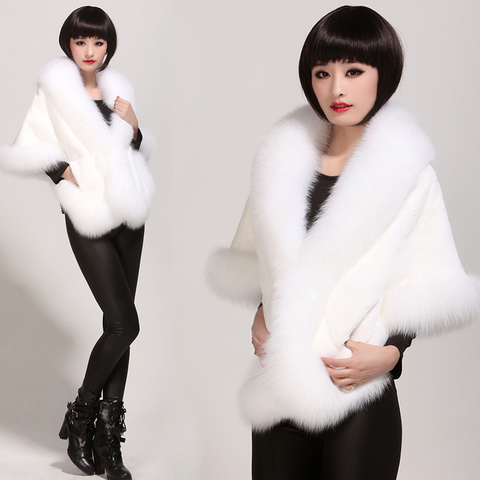 Fashion women fox fur shawl momen white fur mink coat  high quality fur bride cape