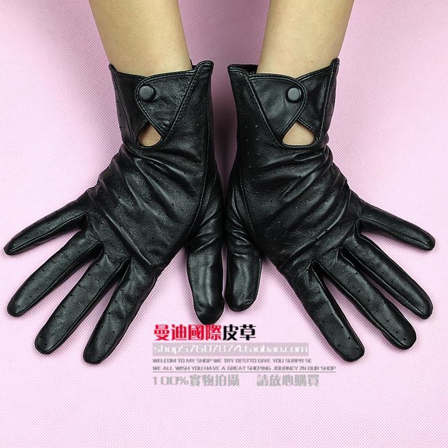 Fashion women genuine leather sheepskin gloves cutout snap button