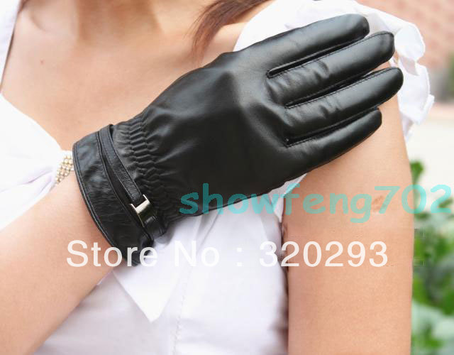 Fashion Women Genuine Leather Winter belt Wrist Gloves Black M L