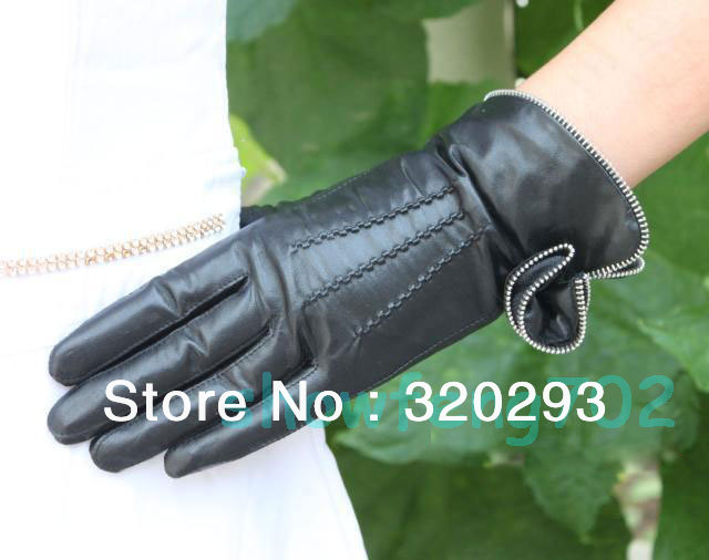 Fashion Women Genuine Leather Winter Warm Wrist Gloves Zipper flowers 3 lines