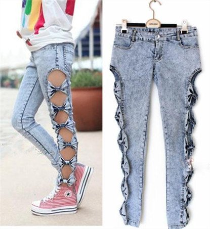 Fashion women/gril side Hollow Out Bowknot Slim Sexy jeans Wash trousers