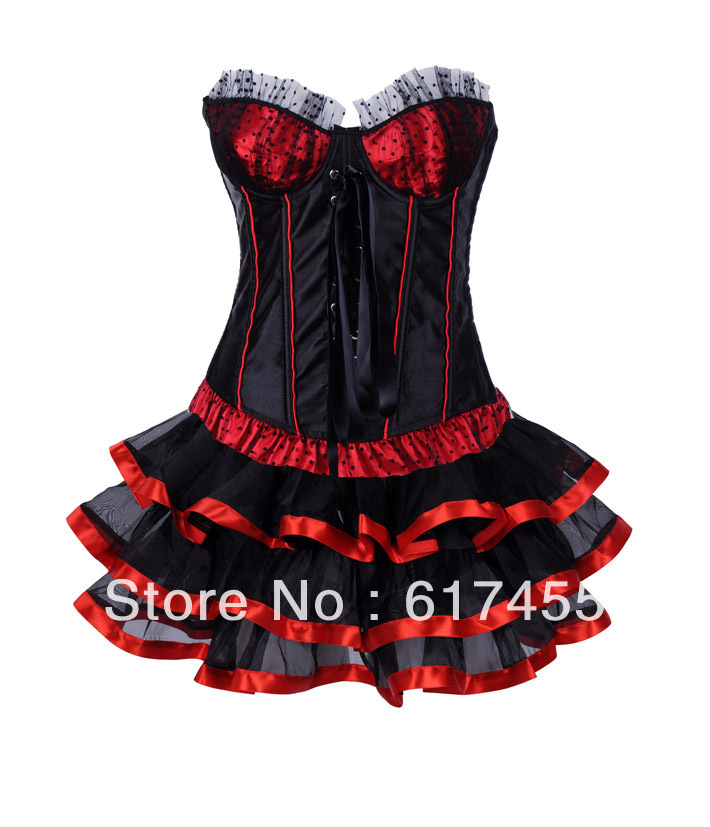 Fashion Women intimates satin sexy lingerie (bustier+underwear+skirt) Corset black red 2892A