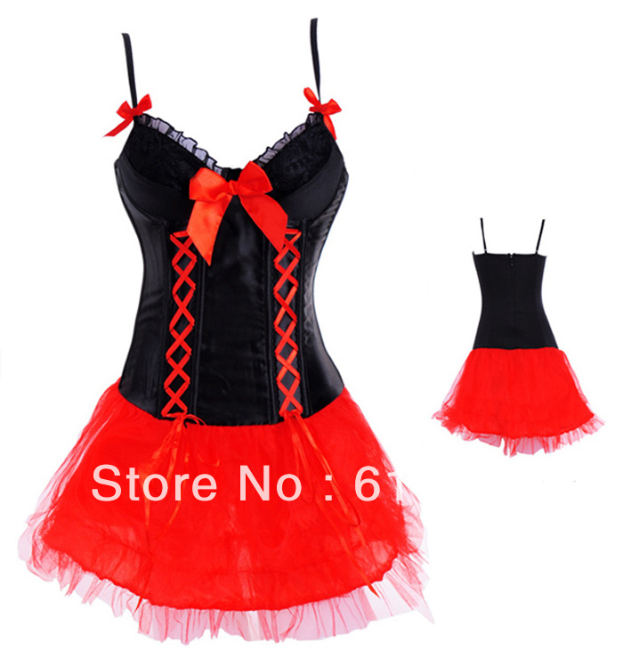 Fashion Women intimates satin sexy lingerie (bustier+underwear+skirt) Corset red 7614