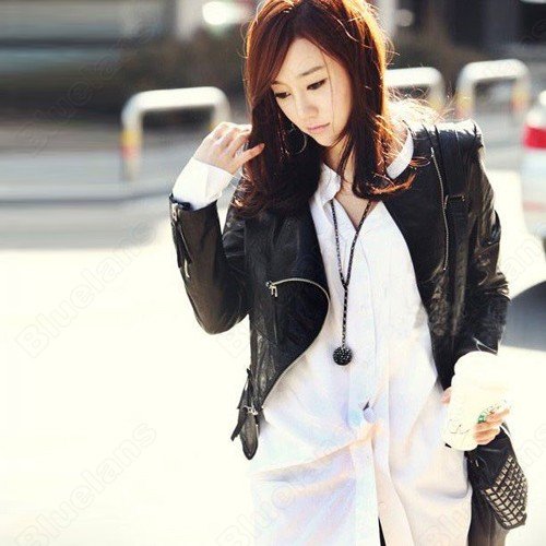 Fashion Women Ladies Korea Cool PU Leather Zip Slim Jacket Coat Outerwear Black