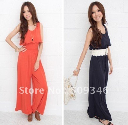 Fashion Women Lady Causal Solid Cotton Long Maxi Romper Jumpsuit Summer Sleeveless Ruffle 3 Colors Orange Black Royal Blue