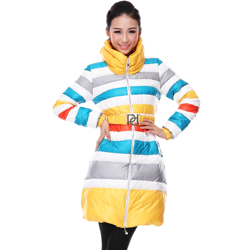 Fashion Women Parka White Duck Down Coats Winter Colorful Stripes With Belt Wholesale Ladies Jackets Poncho