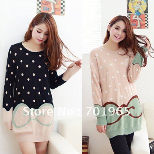 Fashion Women Round Neck Long Sleeve Lovely Bow Hook Flowers Loose Sweater LL168