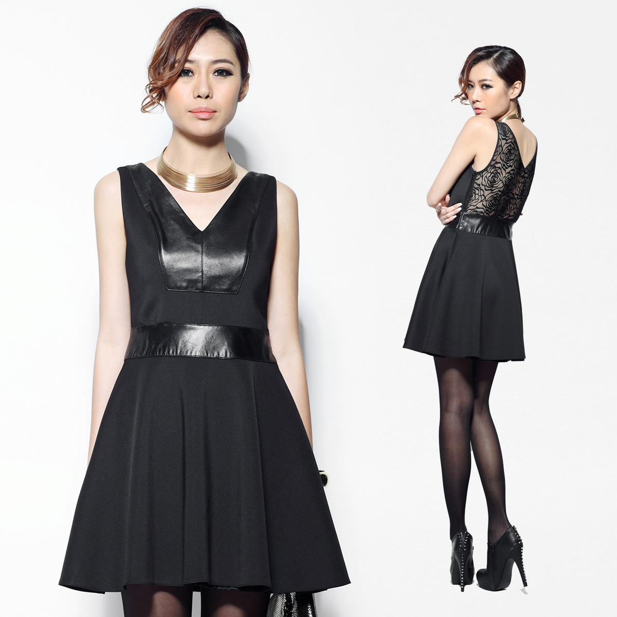 Fashion women's 2013 V-neck patent leather sleeveless patchwork lace transparent racerback one-piece dress