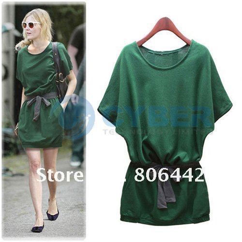 Fashion Women's Batwing Dolman Casual Short Sleeve Green Cotton Mini Dress 2 Sizes Free Shipping