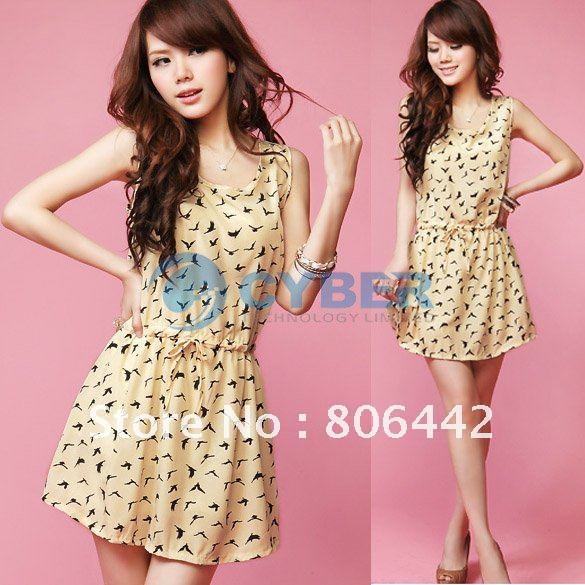 Fashion Women's Bird Animal Pattern Crew Neck Casual Chiffon Sundress Mini Dress Free Shipping