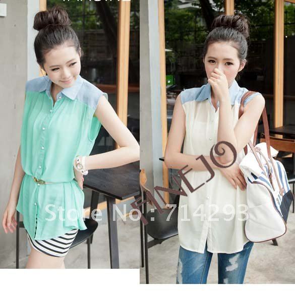 Fashion Women's Chiffon Blouse Denim Spliced Shirts Sleeveless Casual Blouse Free Shipping 7062