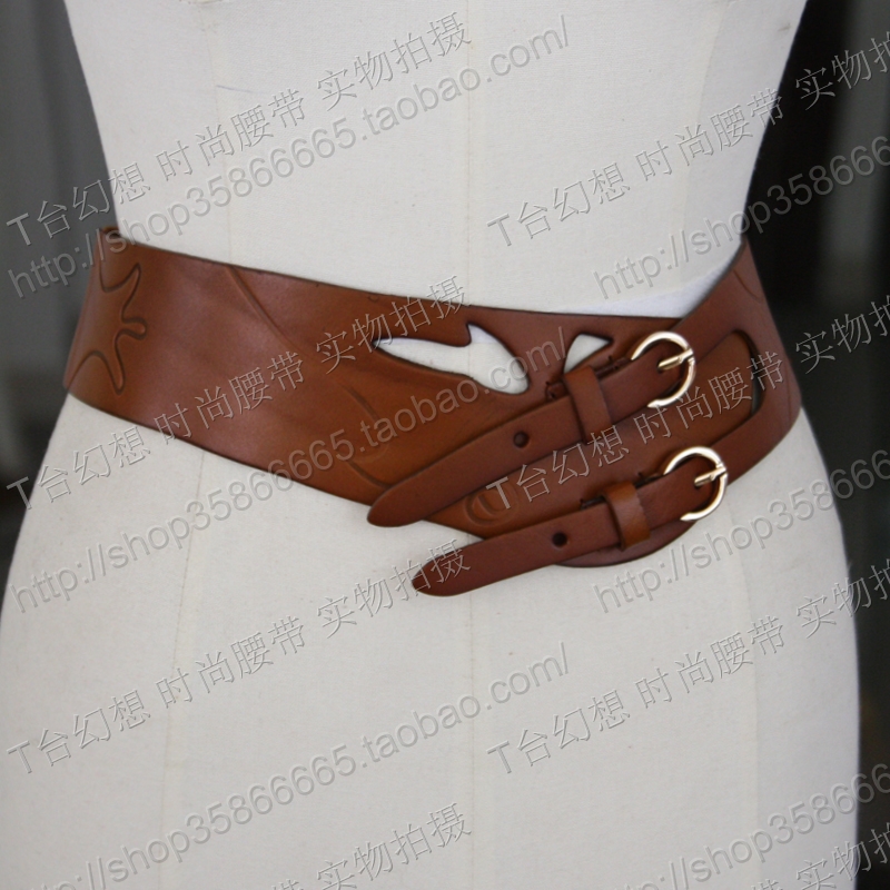 Fashion women's decoration belt wide cummerbund genuine leather cowhide elastic embossed cutout brown (BL005)