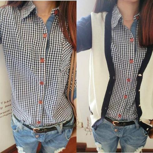 Fashion Women's Denim Splicing Plaid Lapel Long Sleeve Shirt Tops Blouses CA1228 [24586|01|01]