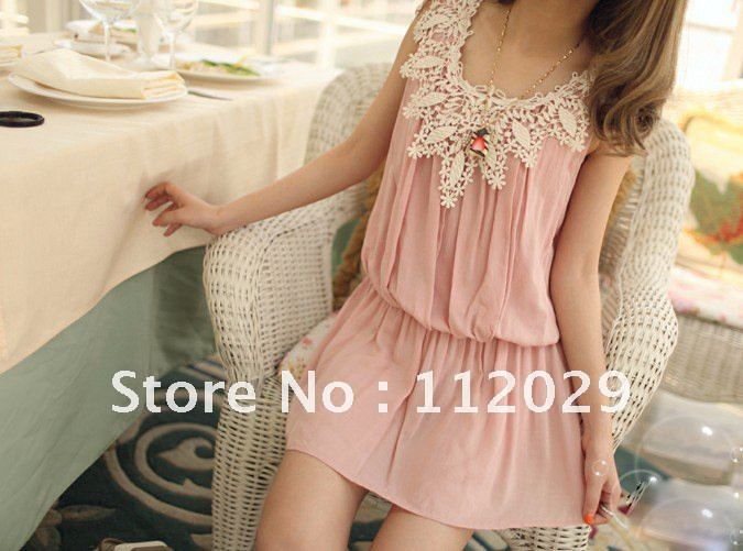 Fashion Women's Dress Summer ladies' round collar with lace sleeveless  Dresses 2012 Free shipping