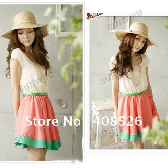 Fashion Women's Dresses Stripes Colorful Dress wear Free Waist Belt free shipping 2763