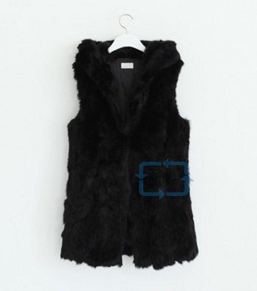 Fashion Women's Faux Rabbit Fur Winter Warm Long Vest Jacket Hooded Outwear