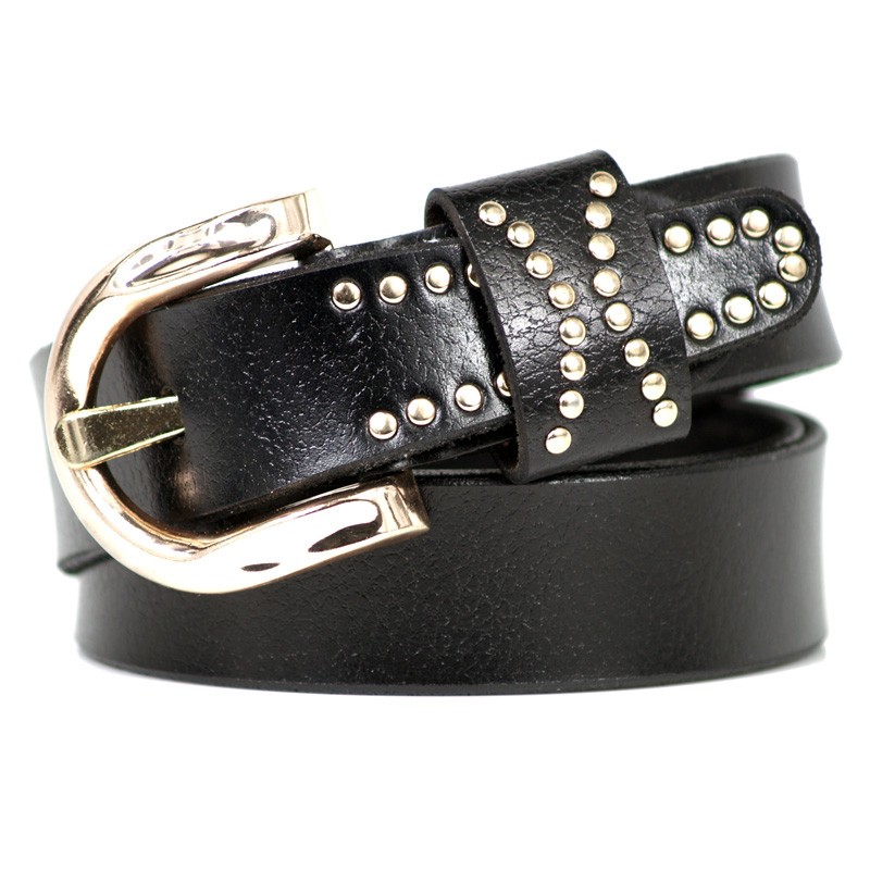 Fashion women's genuine leather strap fashion vintage rivet decoration genuine leather belt casual pants black