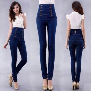 Fashion women's high waist jeans female slim waist pencil pants jumpsuit double breasted plus size denim pants free shipping