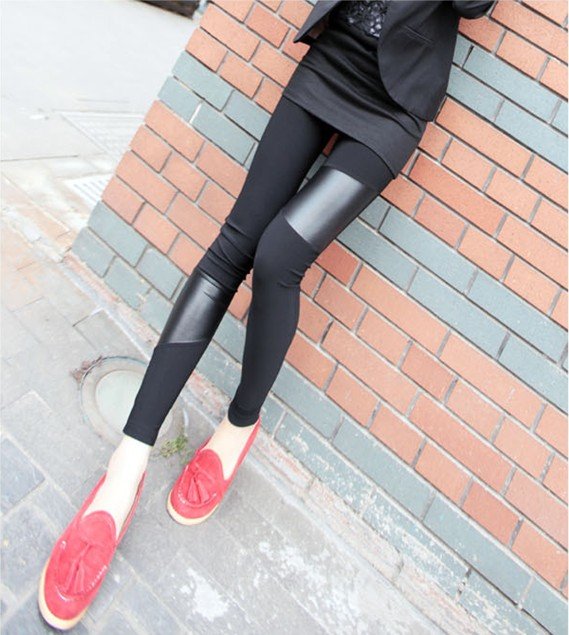 Fashion Women's Irregular Imitation Leather Stitching Thin Slim Legging Pants,6 Pcs/Lot+Free Shipping