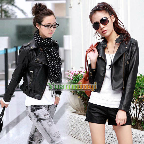 Fashion Women's Ladies Long Sleeve Faux Leather Zip Up Short Biker Jacket Coat Bomber Outerwear Black Size S Free Shipping 0759