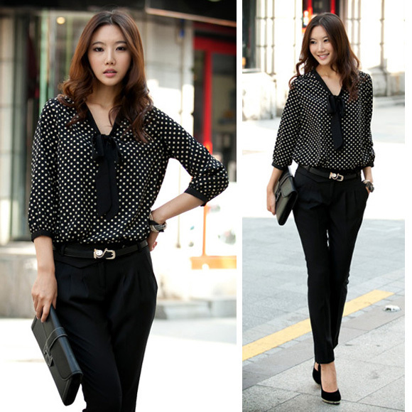 Fashion Women's Ladies OL Polka Dot Bowknot Long Sleeve Casual Chiffon Shirt Top Blouse Black Size S Hot Free Shipping 0363