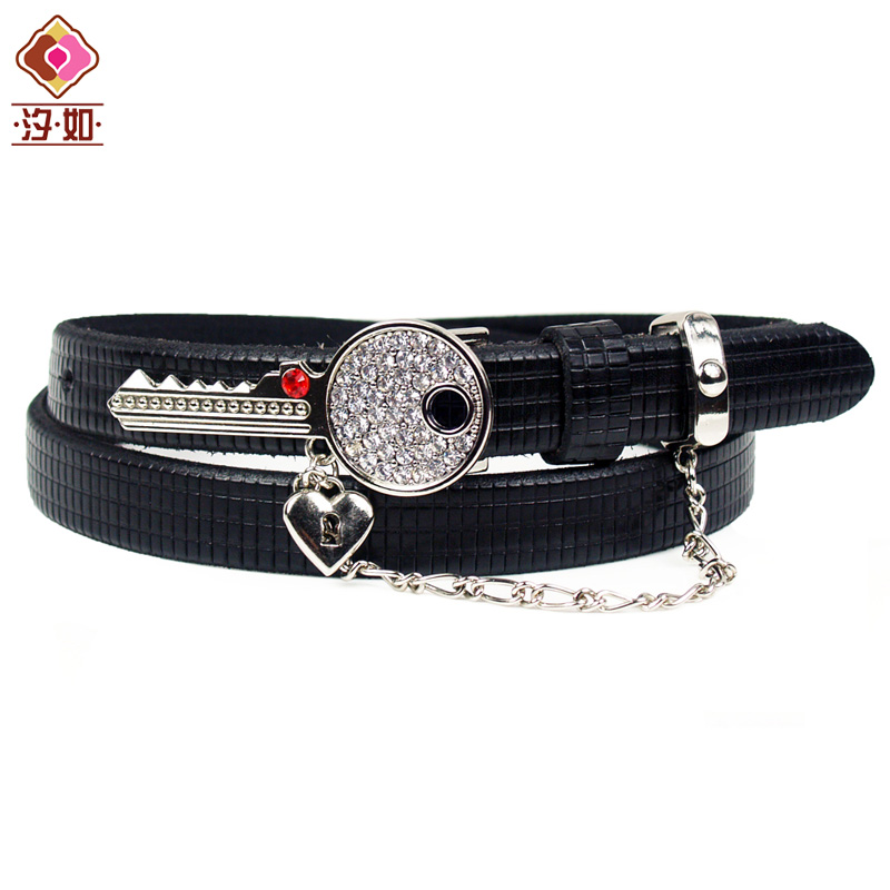 Fashion women's leather strap all-match trend rhinestone smooth buckle genuine leather belt black