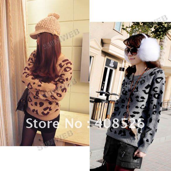 Fashion Women's Leopard Print Sweater Crew Neck Knitwear TOP Long Sleeve Pullover Free Shipping7195