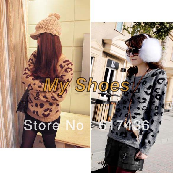 Fashion Women's Leopard Print Sweater Crew Neck Knitwear TOP Long Sleeve Pullover Free Shipping7195