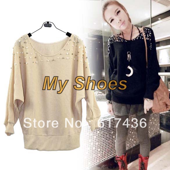 Fashion Women's Long Sleeve Pearl Knit Sweater Jacket Coat Black, Apricot Free Shipping7192