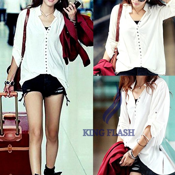 Fashion Women's Long Sleeve V-Neck Many Buttons Casual Shirts Loose Blouse Free Shipping 4932