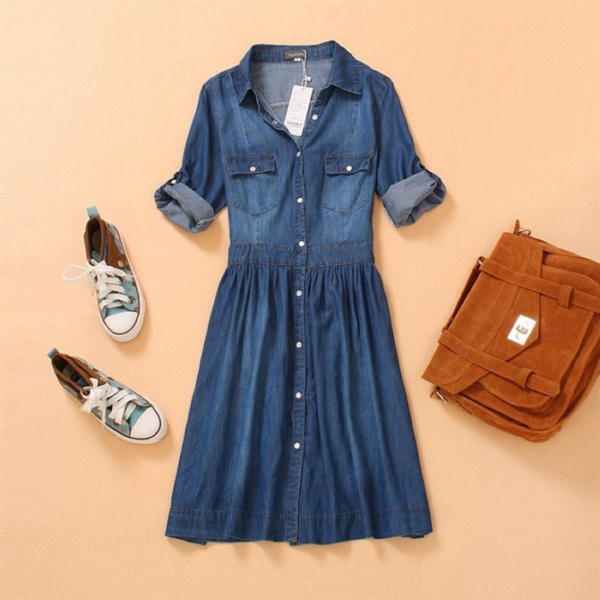 fashion women's new arrival elegant vintage slim three quarter sleeve denim skirt denim one-piece dress plus size