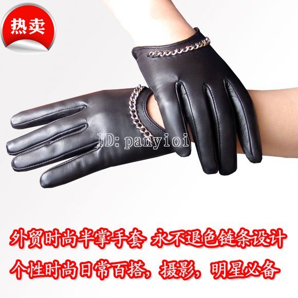 Fashion women's personality paragraph sheepskin genuine leather gloves star style all-match chain,CPAM Free Shipping