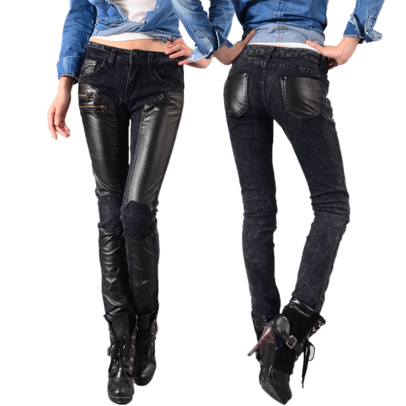 FAshion women's PU leather patchwork jeans skinny pants slim fit snowflake washed