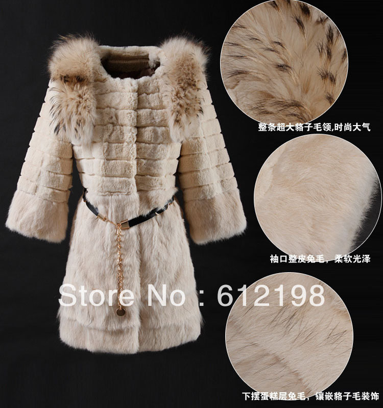 Fashion Women's rabbit and racoon fur coat round collar with waist belt gray/black/pink size: M/L/XL/XXL number PC-022