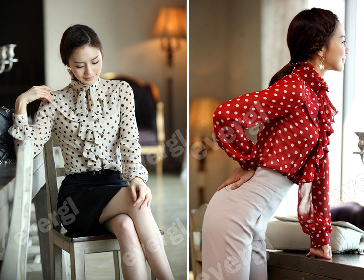 Fashion Women's Ruffle Front high neck polka dot Print Top Shirt Blouse