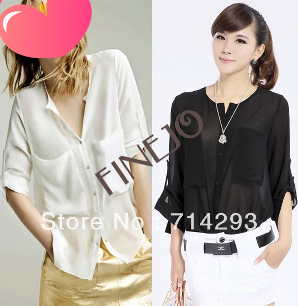 Fashion Women's Simple Basic Sheer Chiffon T-Shirt Blouse With Pockets 2 colors free shipping 3335