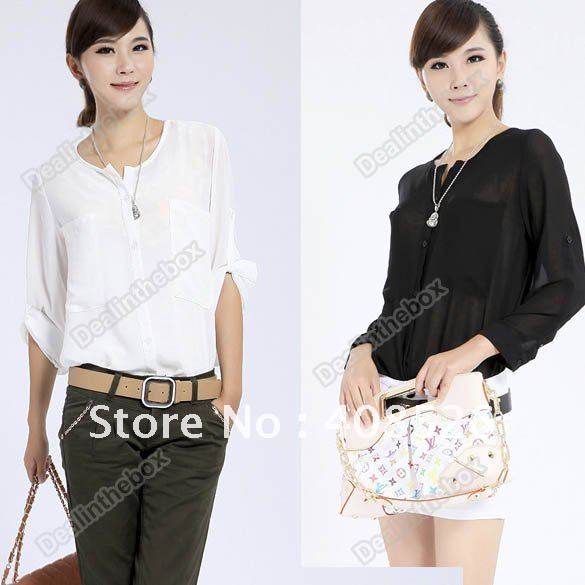 Fashion Women's Simple Basic Sheer Long Sleeve T-Shirt Chiffon Blouse With Pockets 2 colors free shipping 3335