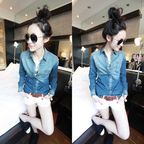 Fashion Women's Slim Lapel Long Sleeve Denim shirt Tops Blouses CA1233 [24593|99|01]