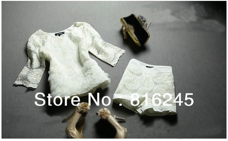 fashion women's suits, organza embroidery floral decoration top & shorts  lace flounces hems white