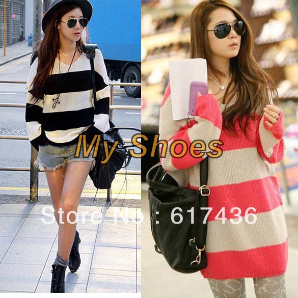 Fashion Women's Sweater V-Neck Striped Knitwear Long Sleeve Loose Pullover Free Shipping 7298