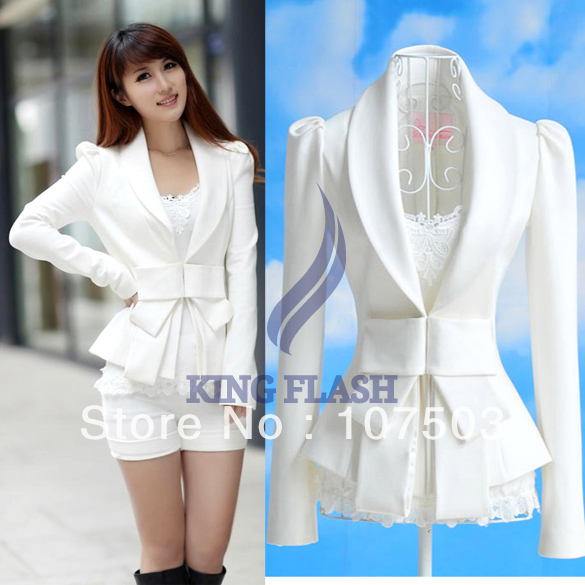 Fashion Women's Turn-down Collar Big Bowknot Career OL White Slim Suit Coats Jackets Outwear Tops Free Shipping 7327