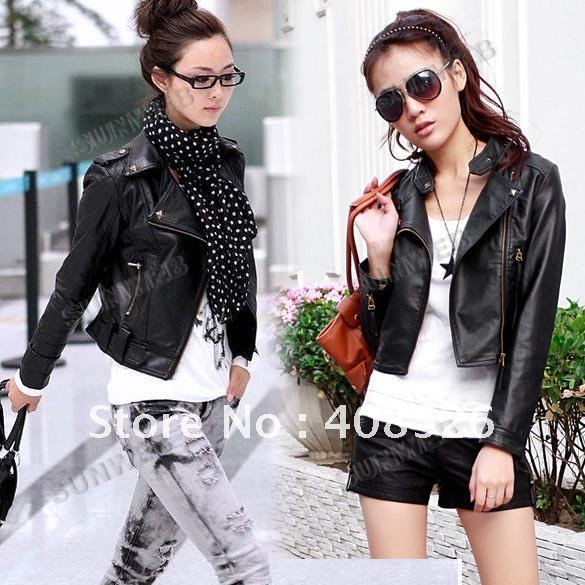 Fashion Women's Turn Down Collar Long Sleeve PU Leather Jacket Punk Rivet Cool Coat Black Free Shipping 5880