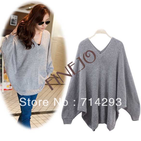 Fashion Women's V-Neck Batwing Sleeve Sweater Loose Warm Sweaters Top Gray Free shipping 6700