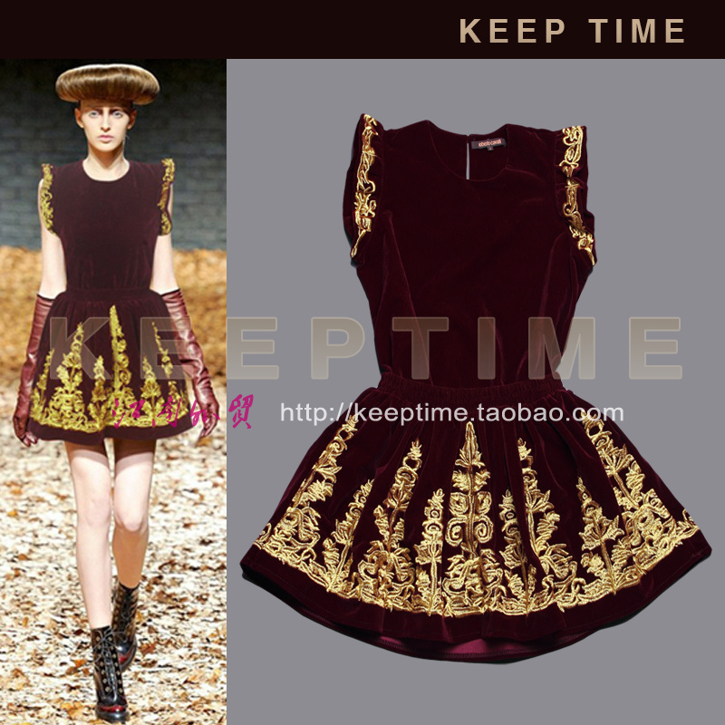 Fashion women's velvet 2 piece set embroidery gold flower half-skirt set