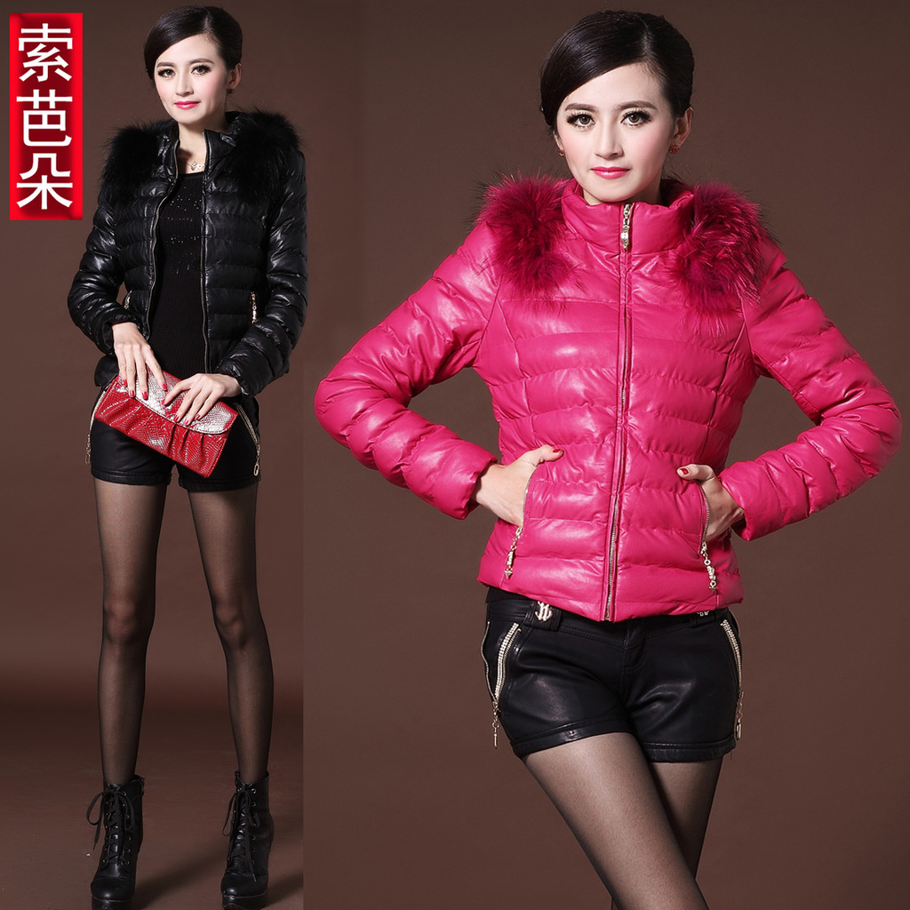 Fashion women's  winter leather PU leather coat zipper leather wadded jacket raccoon fur leather clothing 1298