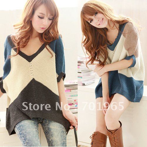 Fashion Women's Wool Loose Medium Sleeves Mixed Colors V Neck Sweater Tops LL144