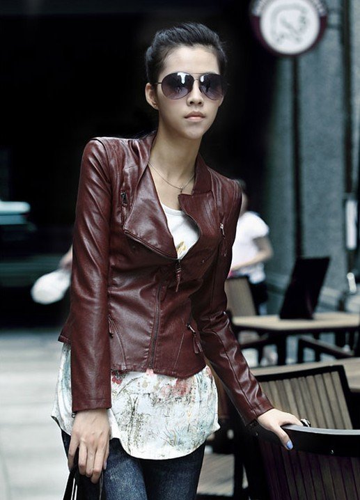 Fashion Women's Zipper PU Leather Jacket Outerwear Short Motorcycle Jacket --Brown 1179