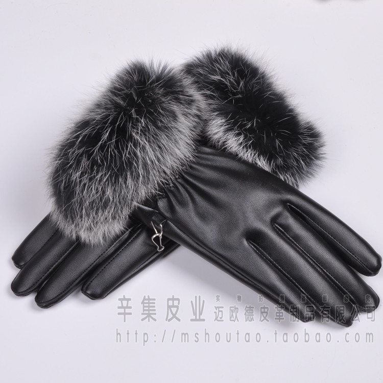 Fashion Women winter coral fleece cotton thick thermal women's rabbit fur leather gloves women's PU gloves