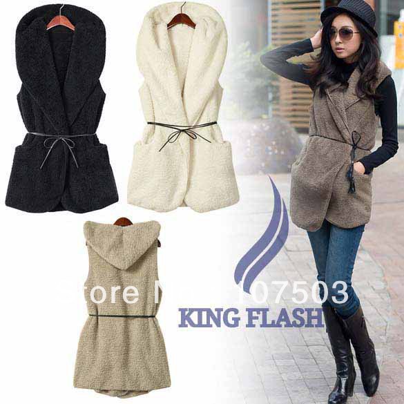 Fashion Womens Ladies Hoodie Faux Lamb Fur Long Vest Jacket Coat With Hat 5colors free shipping 7669