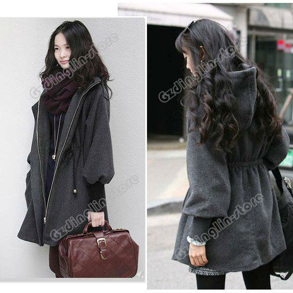 Fashion Womens Ladies Long Puff Sleeve Hooded Zippered Woollen Casual Warm Coat Jacket Overcoat Size S M L Free Shipping 0804